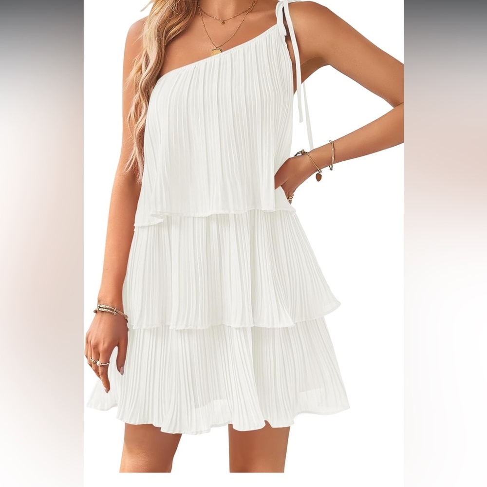 White Pleated Halter Dress asymmetrical